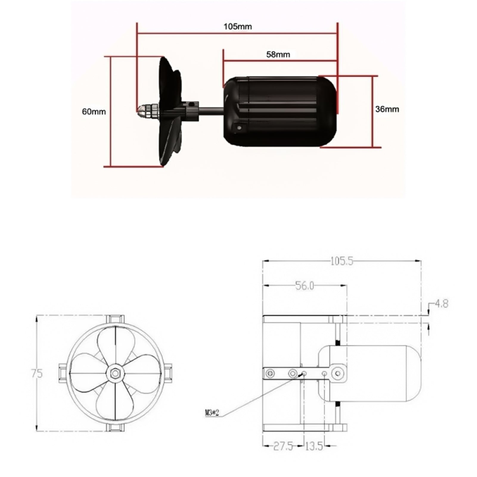 TD4.8  12-25V 12.8A  322.5W USV Rescue Equipment Underwater Thruster