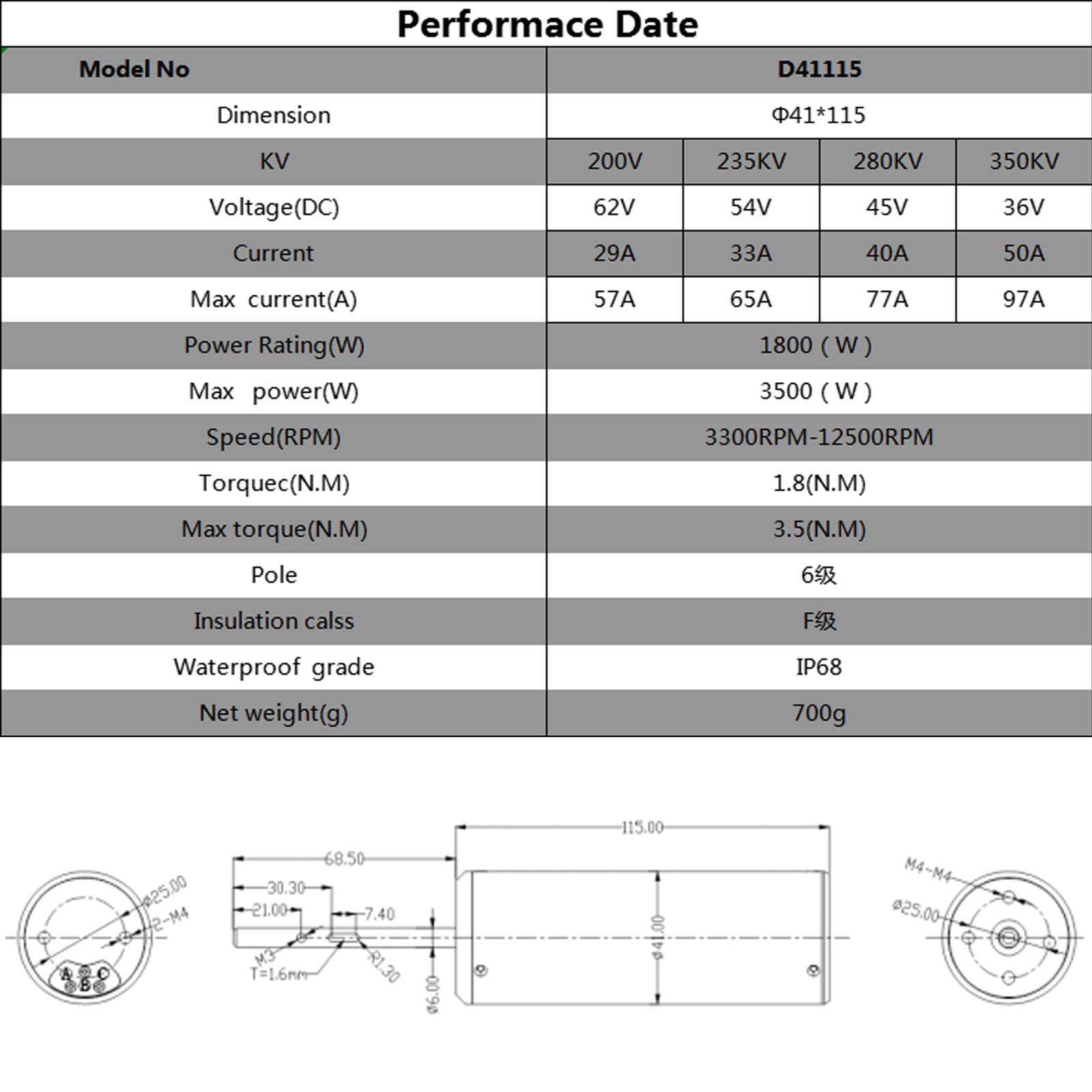 DW41115 3500W IP68 Waterproof Brushless Motor | 36V-62V  for ROV/AUV/Marine
